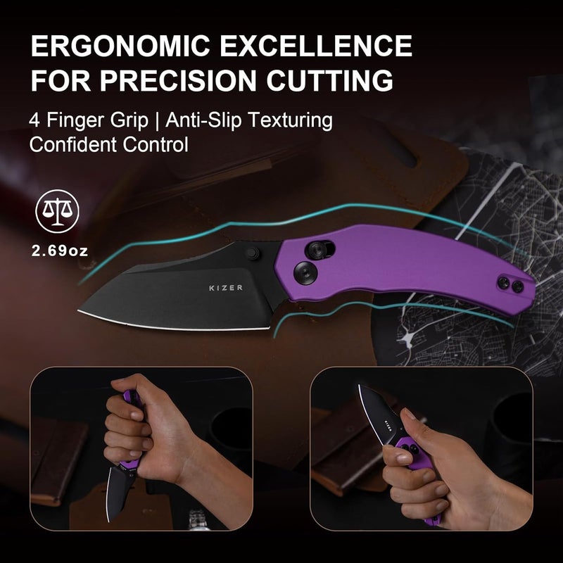 KIZER Mini Bulldog Pocket Knife, 2.5” Nitro V Sheepsfoot Blade Folding Knife, Aluminum Handle Clutch Lock Small EDC Knife for Men Women Gift, Fishing Hiking Camping Hunting Knives V3672SA1 - Image 3